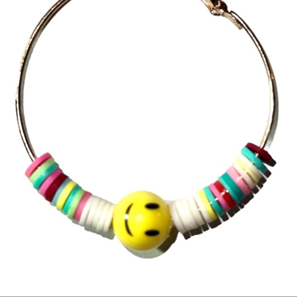 Oh Happy Day, Gold Hoop Smiley Face Colorful Beaded Earrings - Picture 8 of 11